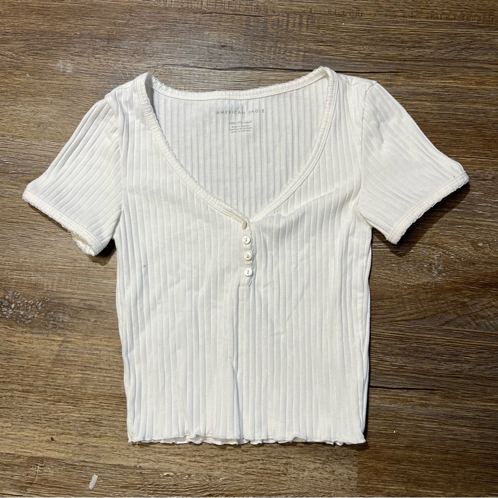 American Eagle Outfitters White‎ Ribbed Short Sleeve Henley Top